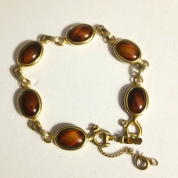 Sarah Cov Mid Century Agate Cabochons Golden Bracelet W Dafety Chain - Picture 2 of 15